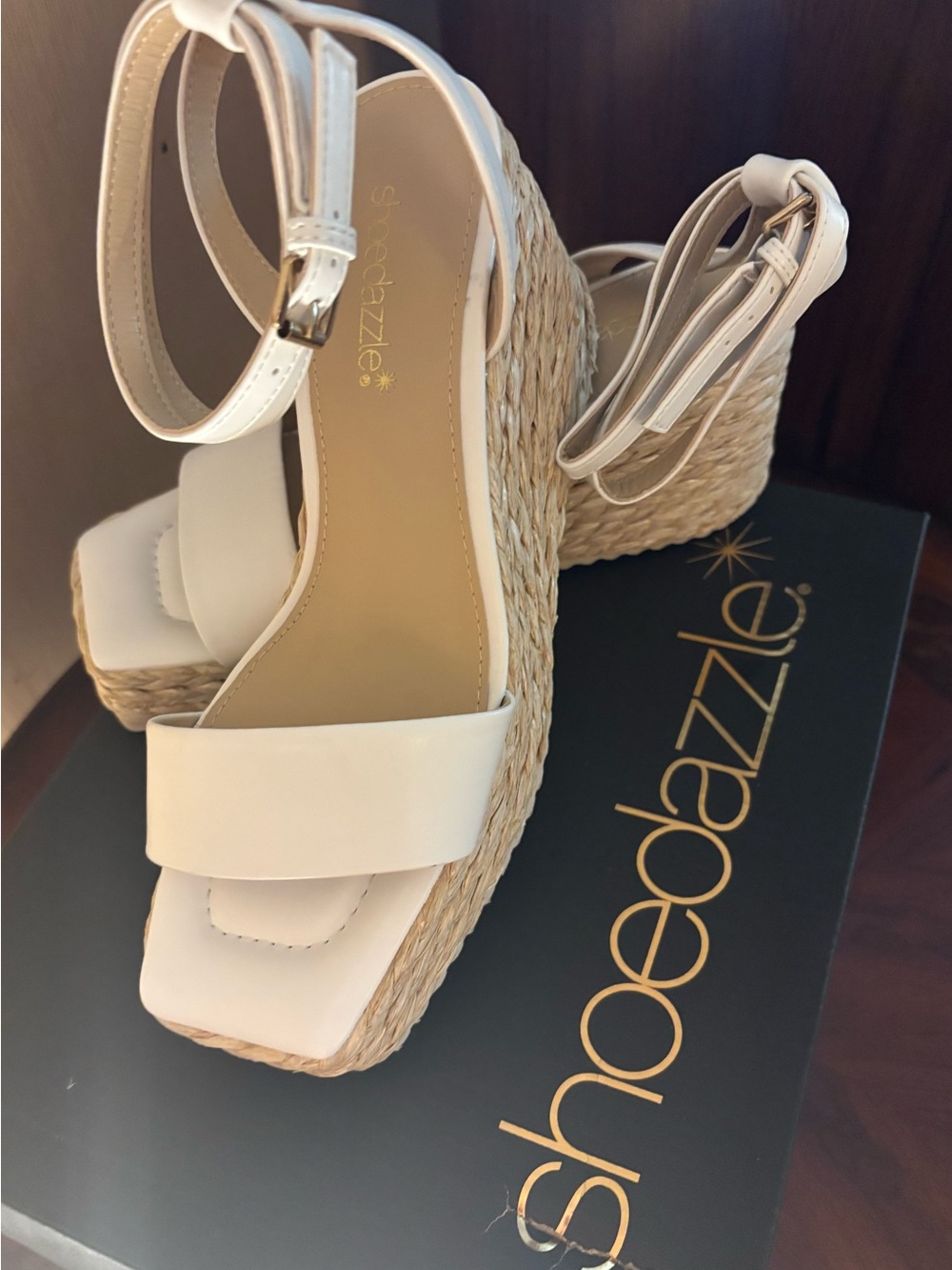 Shoe Dazzle Cream Woven Platform Sandals with Ankle Strap